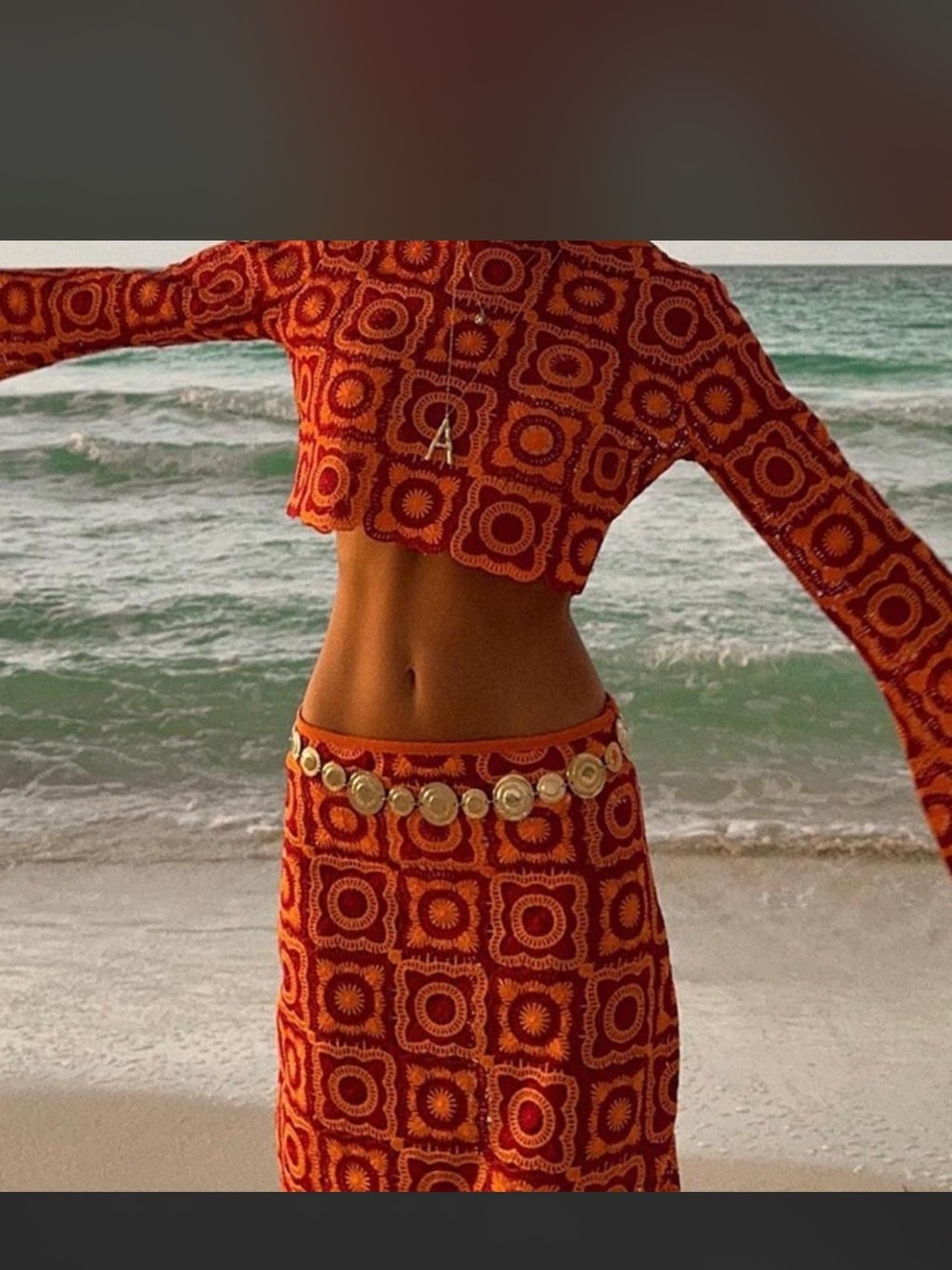 Boho Orange Crochet Midi Skirt with Coin Detail